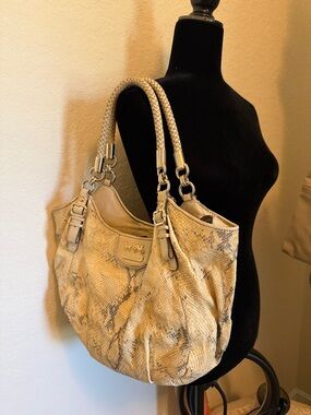 Coach Beige Snakeskin-Print Braided-Handle Hobo Bag